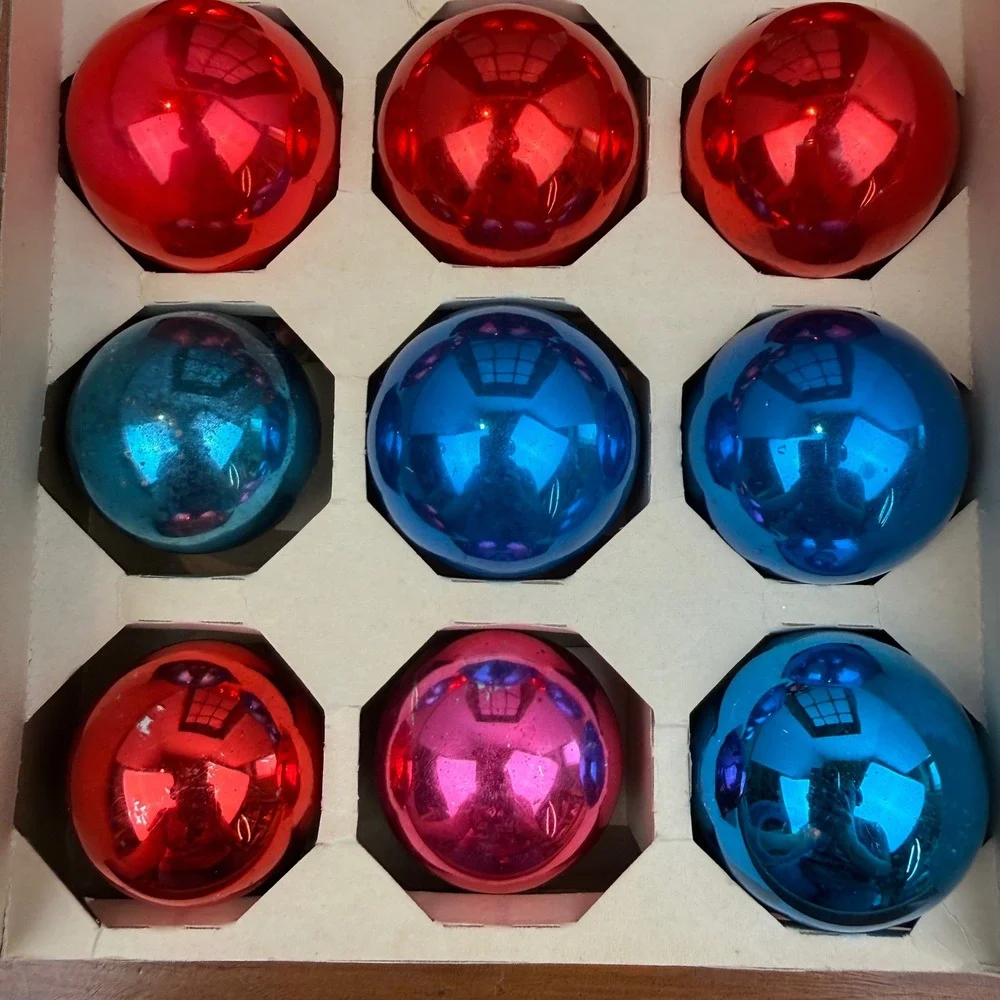 Vintage Holly Glass Christmas Ornaments Red Blue Set of 24 2.25